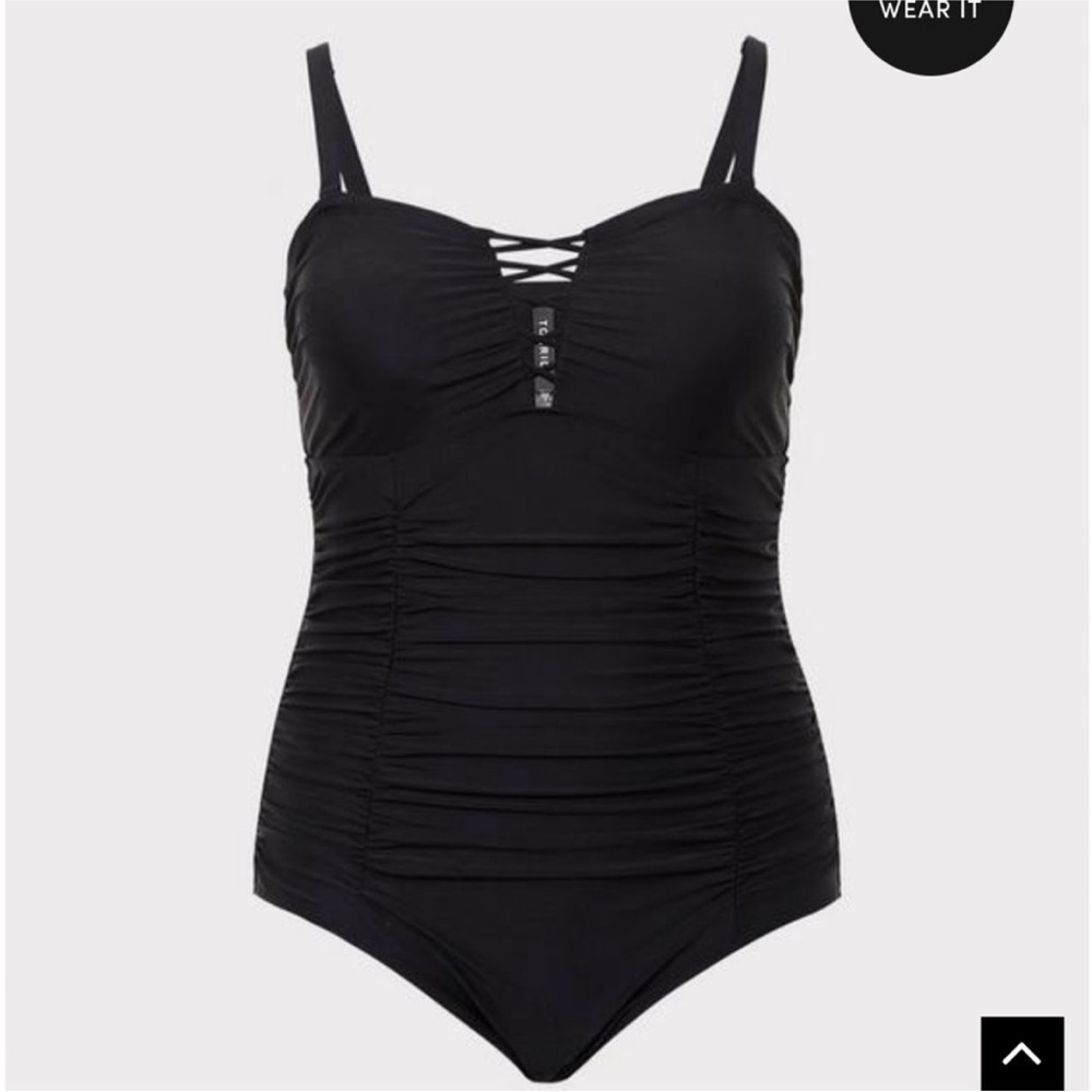 NWT Torrid Slim Fix One Piece Lattice Front Swimsuit Wireless Black 2X - Picture 7 of 7
